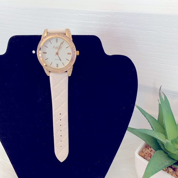 Quartz Accessories - White & Gold Rhinestone Quilted Watch